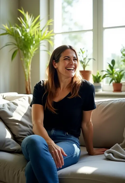 A photo of bettinazimmermann, a 45 year old woman. She is laughing. She is wearing a black t-shirt and blue jeans. She is sitting on a comfy sofa in a modern living room with house plants. Sunlight is shining through large windows onto her face and body.