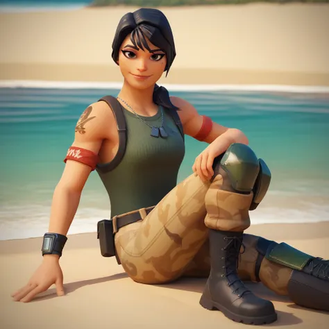 score_9, score_8_up, score_7_up, score_6_up, score_5_up, beach,  <lora:headhunter_Fortnite-000008:0.8> , hhft, tattoo, sleeveless, black hair, bangs, ponytail, hair over shoulder, knee pads, tank top, combat boots, camouflage, looking at viewer, smile, eye...