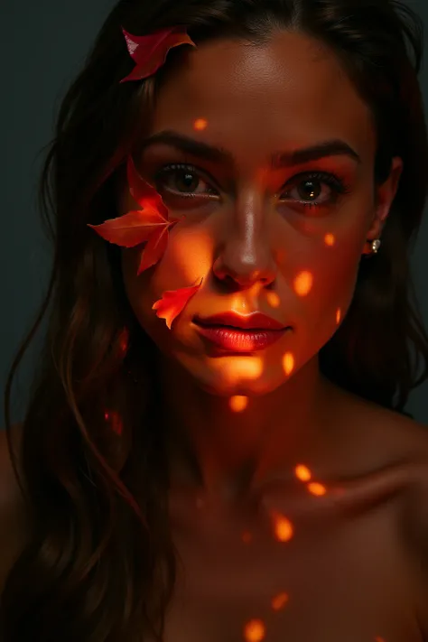 <lora:autumn_tree_leaf_flux-000002:1> portrait of woman covered of small autumn_tree_leaf, fire effect, water effect