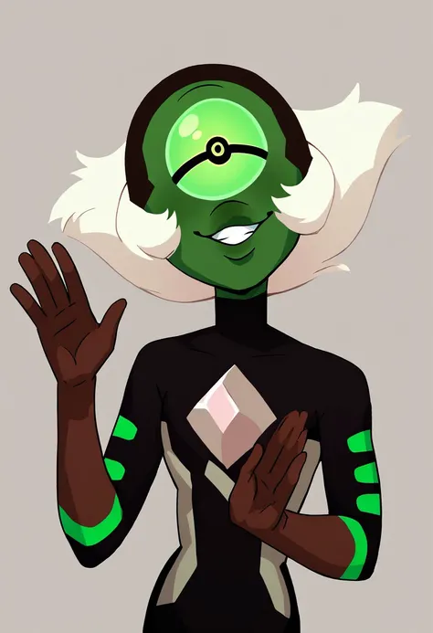 1girl, solo, solo female, score_7, score_7_up, scire_8, score_8_up, 
nephrite, green skin, cyclops, white hair, plump lips, smiling, :3       
nephrite body suit (S5),  brown elbow gloves, half body, waving,