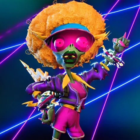 3d, electricslide, solo, 1girl, zombie, zombie girl, orange hair, afro, headband, visor, pink visor, purple jacket, pink shirt, pink shorts, lips, green lipstick, colored skin, green skin, open mouth, looking at viewer, cowboy shot