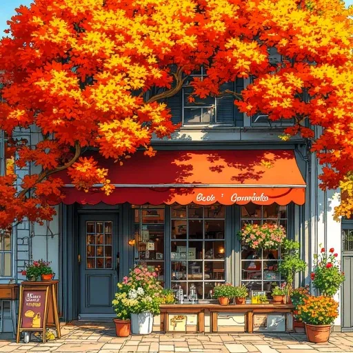 co3y parvdize, This is a vibrant, digitally created illustration depicting a charming outdoor café scene, set during autumn. The image is rich with warm, autumnal colors, dominated by oranges, yellows, and reds. The café is nestled beneath the expansive, vibrant canopy of a large tree, its branches laden with fiery red and orange leaves, casting dappled sunlight through the foliage.
