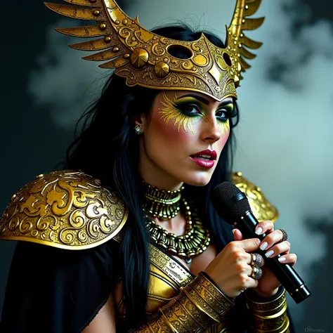 shrdl, cinematic, a metal rock singer, in a photo session, shes wearing a black and gold valkyrie outfit,  with a gold cloak and shoulder pads, golden undershirt, valkyrie headdress,  nordic style , she has extreme golden face makeup, shes wearing necklace...