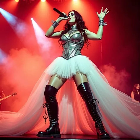 shrdl, cinematic, a metal rock singer, on a stage singing with a microphone a very soothing song, shes wearing a very fancy high neck white dress, high black industrial boots, she has extreme makeup, shes wearing necklaces, bracelets and silver rings, stan...