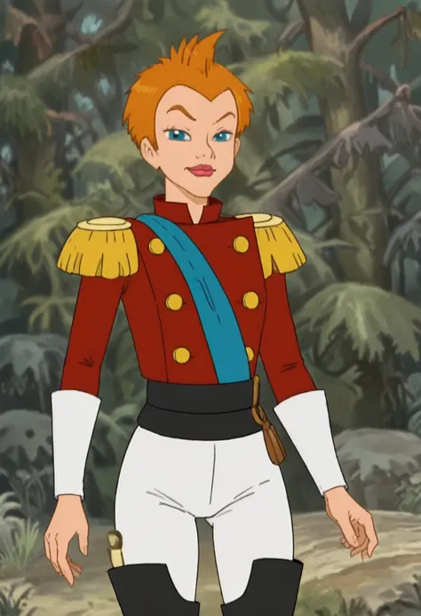 Jinjur, short hair, 1girl, red jacket, belt, thigh high boots with buckles,  short orange hair, quiff, pink lipstick, white pants, sexy, smile, blue eyes, standing against viewer, nature