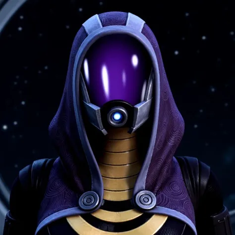 TaliZorah, The image shows a close-up view of TaliZorah’s helmet and hood, emphasizing her mysterious and iconic appearance. Her helmet features a smooth, glossy purple visor that completely obscures her face, giving it a reflective and enigmatic look. The...