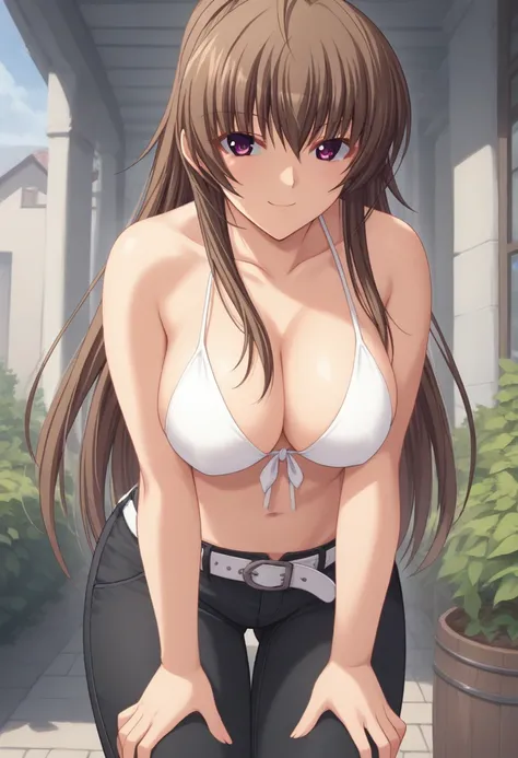 score_9, score_8_up, score_7_up BREAK 1girl, solo, shirakawa kyouko, brown hair, long hair, ponytail, smile, large breasts, white bikini top, neck-tie bikini, midriff, black pants, white belt, hands on thighs, bent over, looking at viewer, cowboy shot, out...