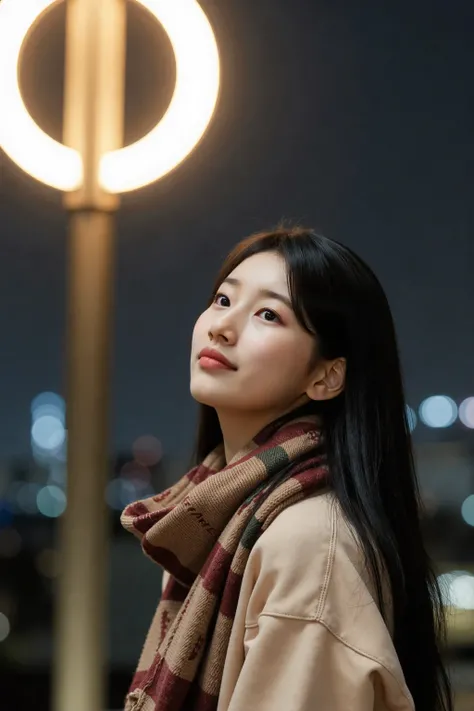 a photograph of a young Asian woman with a serene and contemplative expression. She has a light skin tone and long, straight black brown hair that falls down her back. Her eyes are open, and her face is tilted upwards, suggesting a sense of happiness and c...