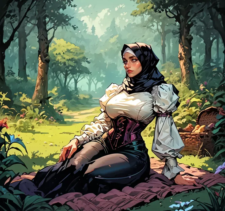 score_9, score_8_up, score_7_up,1girl, hijabwitch,sitting on a picnic blanket, large breasts, wide hips, hijab, pants, corset, underbust, gloomy fairytale forest, detailed background, <lora:Pony_DetailV2.0:1>, <lora:Dark_Aura_for_Pony:0.45> <lora:DarkestDu...