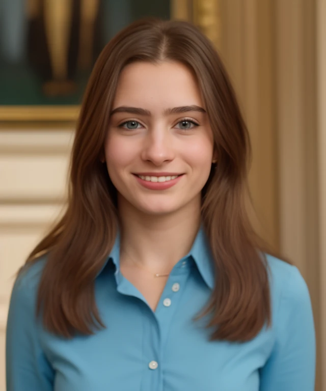 <lora:m4gg13t_32SD-000006:1>,(medium shot:0.8) photograph of (beautiful 22 year old) (m4gg13t:1.2) woman with brown hair and hazel eyes,as the British Prime Minister,wearing a (dark suit with light blue blouse:1.2),standing in front of Number 10 Downing St...