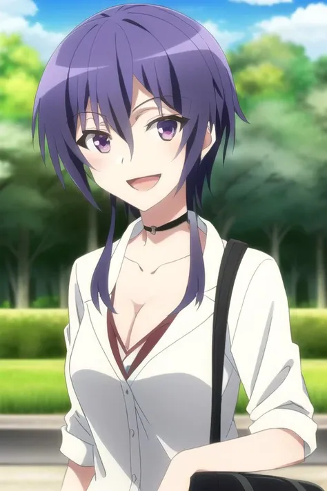 (masterpiece),catherine, purple hair, purple eyes, short hair with long locks, 1girl, solo, outdoors, cleavage, choker, open mouth, smile, looking at viewer, day, bag, sky, upper body