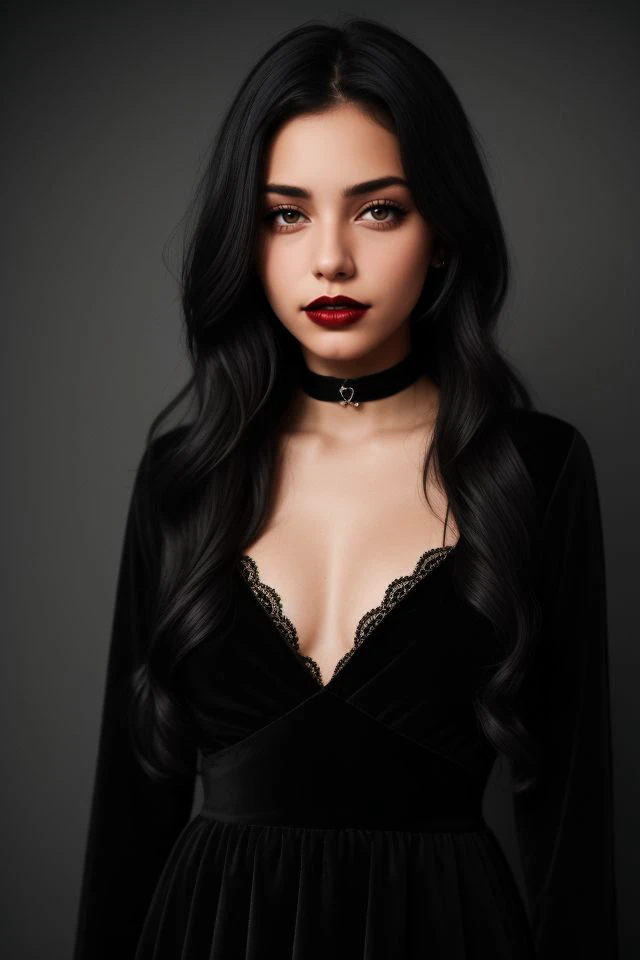 A young, 18-year-old Brazilian girl with long black hair, styled in loose waves, wearing a black velvet dress and a red lace choker. Her heavy eyeliner and dark lipstick add a gothic edge, complemented by muted lighting