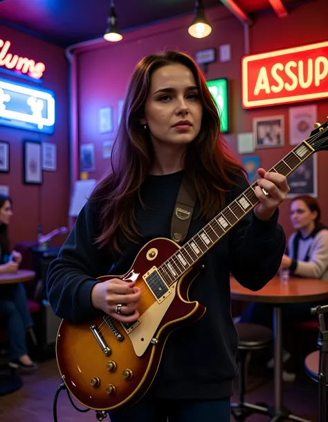 In a grungy, dimly lit music venue in the heart of Seattles Capitol Hill neighborhood during a thunderstorm, the enigmatic AL1C3K stands center stage, her long, dark hair cascading over one eye as she strums a vintage Gibson Les Paul guitar adorned with in...