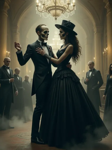 A skeletal couple dressed in Victorian attire, dancing in the middle of a gothic ballroom. Cobwebs hang from the chandeliers, and ghostly figures watch from the shadows as the skeletal lovers twirl under the dim candlelight.