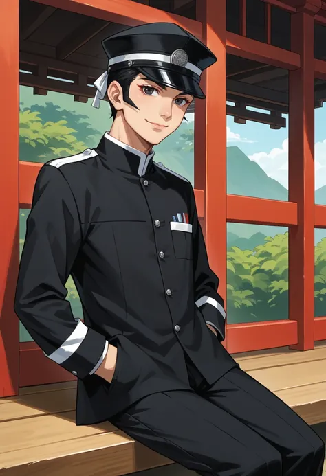 score_9, score_8_up, score_7_up, source_anime BREAK 1boy, solo, japanese shrine, looking at viewer, smile, closed mouth, confidant
<lora:zs_RaidouXL:1> raidoudsrk, short hair, black hair, black eyes, shako cap, black uniform, pants, hands in pockets, sitti...