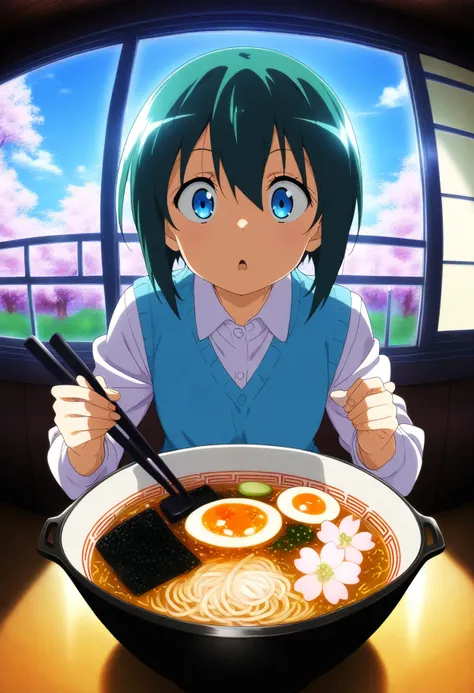 anime masterpiece, newest, 
1girl, fisheye, surprised, ramen, window, cherry blossoms,