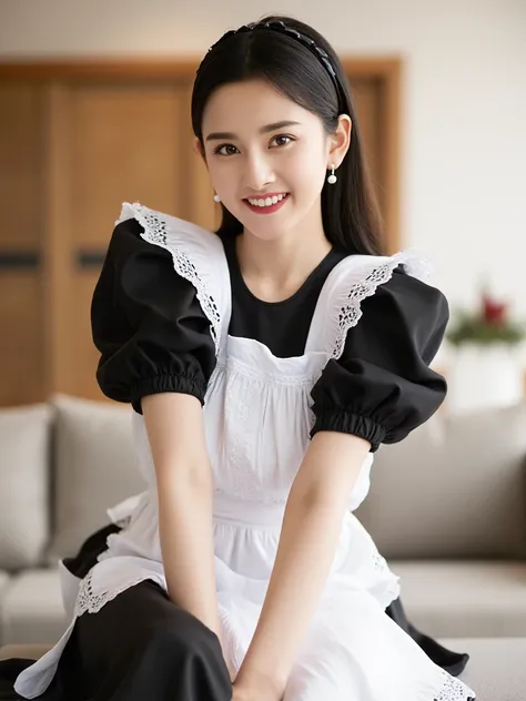SZE, 
High-resolution, photorealistic portrait of a beautiful woman in a classic black and white maid outfit. Ultra-detailed textures and natural lighting bring out the lifelike colors and realistic shadows on her attire. Captured with a Nikon D850 full-fr...