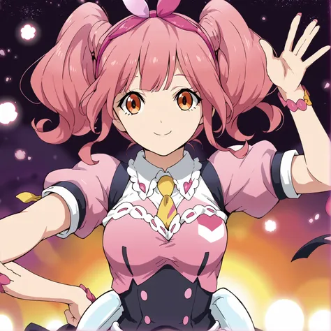 score_9,score_8_up,score_7_up,best quality,a girl,solo,
BREAK
1girl, solo,anime screencap, smile,
BREAK
Walküre,Makina Nakajima,pink hair,twintails,orange eyes, 
idol uniform,dynamic pose,