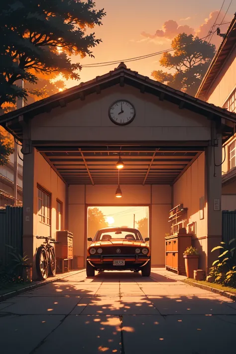 score_9, score_8_up, score_7_up, source_anime, rating_safe, evening, natural lighting, open garage focus, CandiOG, wide shot, negative space, no humans, OG_clutter, intricately detailed illustration, depth of field, atmospheric perspective, scenery, orange...