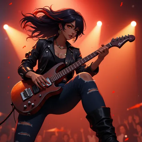 Full body semi-realistic illustration of Xinyan, a confident young woman with dark skin, playing an electric guitar on stage. Her fingers expertly strum the guitar strings, radiating energy and passion. Xinyan has her signature spiky black hair with red hi...