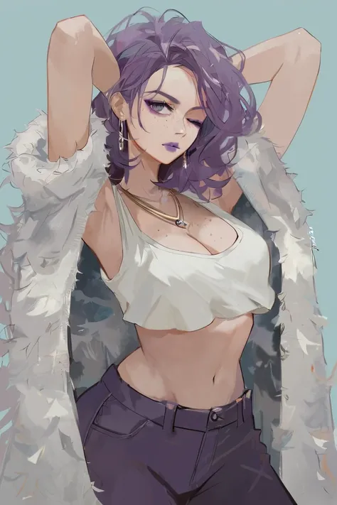 score_9, score_8_up, score_7_up, source_anime, hi res, masterpiece, best quality, highres, Enne_KL, 1girl, cleavage, jewelry, one eye closed, freckles, necklace, armpits, makeup, earrings, pants, purple lips, arms up, looking at viewer, lipstick, crop top,...