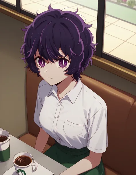 score_9, score_8_up, score_7_up, source_anime, <lora:abiko-samejima-s2-ponyxl-lora-nochekaiser:1>, abiko samejima, short hair, purple eyes, purple hair, multicolored hair, messy hair,, shirt, white shirt, collared shirt, skirt,, cafe, coffee cup, barista, ...