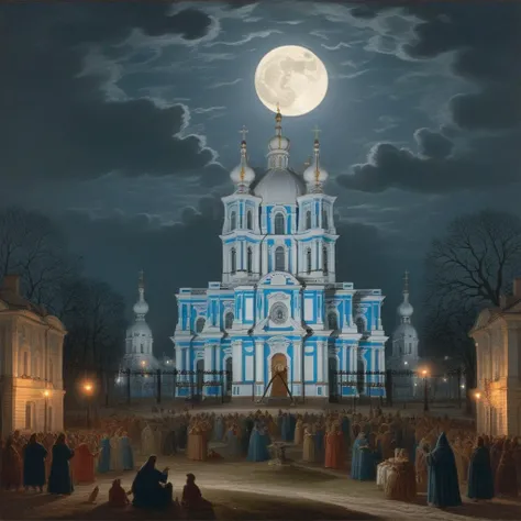 Witches Sabbath under the full moon, with Smolny Cathedral in the background, medieval illustration