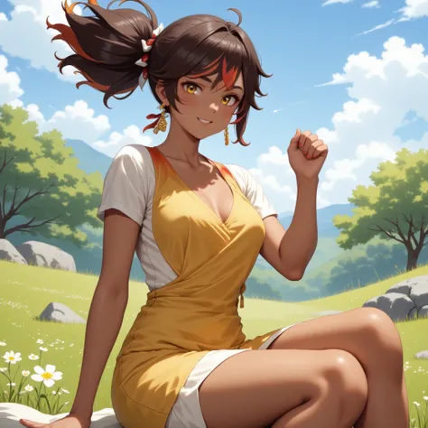 A full body hyper-realistic illustration of Xinyan, a young adult, a confident woman with dark skin, enjoying a day outdoor. She has striking features with a delicate yet fierce expression, her almond-shaped eyes exuding determination and playfulness. Her ...