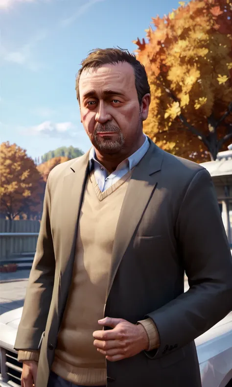 3d,cg,(detailed face:0.7),score_9, score_8_up, score_7_up,1boy,solo old, old man,davenortongtav,short stature,fat,beard,black coat,sweater,outdoor,autumn