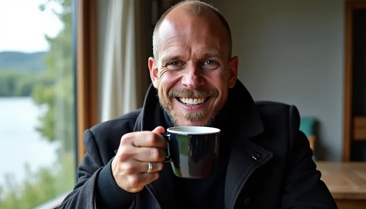 Gustaf Skarsgard, actor dressed in black, smiles as he sips his coffee in his villa on the lake