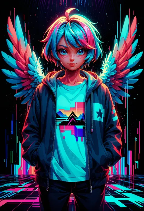 score_9, score_8_up, score_7_up, score_6_up, source_anime, masterpiece, newest, 
1girl, pixelated, limited palette, glitch, glitching, glitch art, scanlines, chromatic aberration, wings, casual clothes, feathers