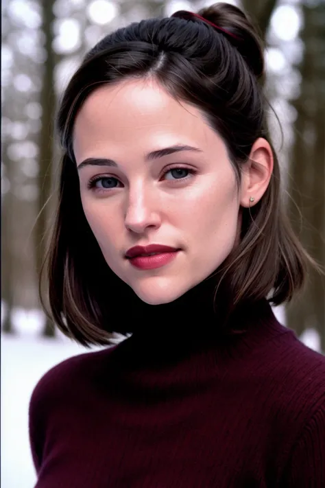 jgarner-204, a photo of a woman, outdoors, snow, forest, turtleneck sweater dress, red lipstick, blush, hair in bun, slight smile, , walking, closeup, ((detailed face, detailed skin))