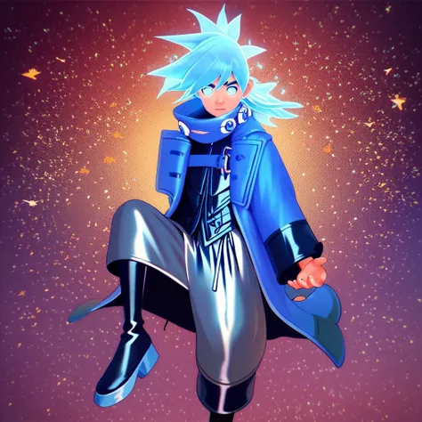 (masterpiece), score_9, score_8_up, score_7_up, score_6_up, score_5_up, score_4_up, 1boy, solo, Nezumi, bue hair, glowing hair, blue eyes, glowing eyes, coat, blue coat, boots, pants, looking at viewer