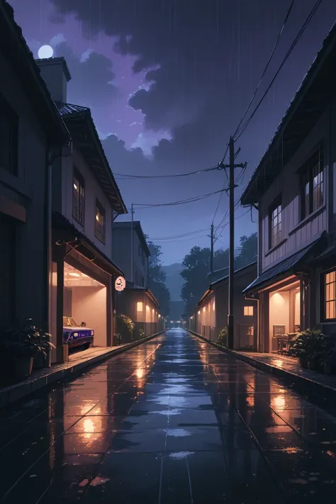 score_9, score_8_up, score_7_up, source_anime, rating_safe, night, raining, natural lighting, open garage focus, candiog, wide s...