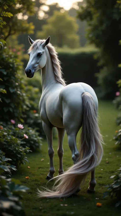 photograph, a sleek and modern asma, with a long, flowing mane and tail, stands in the middle of a lush garden. her hair is two-...