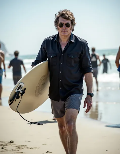 <lora:javier_milei_flux_v1:1>, photo of jm1l31 man,wearing a black button down shirt and mens mesh swim shorts and flip flops,holding a surfboard,wearing aviator sunglasses, realistic,at a beach with people and shiny sunlight,the camera is focusing on the ...