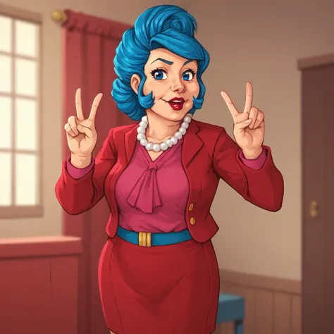 score_9_up, score_8_up, BREAK, BessieBusybody, 1girl, solo, blue hair, blue eyes, lipstick, pearl necklace, red suit, pink shirt, pencil skirt, cowboy shot, double v, <lora:BessieBusybody_LazyTown_PXL_Leaf1:0.8>, depth of field, indoors,