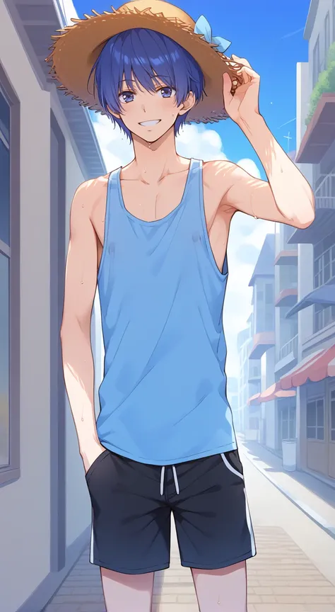 1boy,solo,male focus,smile,tank top,shorts,straw hat,summer,street,sunlight,sweaty,aiba rui,blue hair,blue eyes