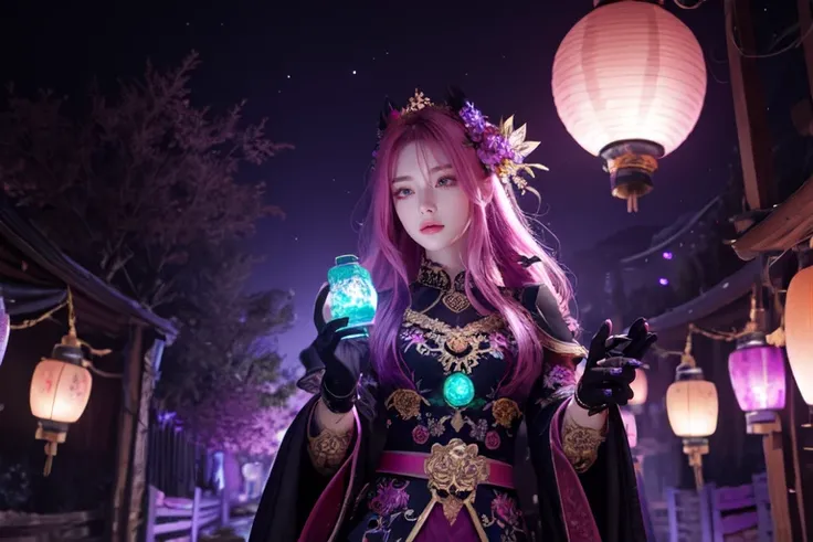 highly insanely detailed, masterpiece, top quality, best quality, highres, 4k, 8k, RAW photo, (very aesthetic, beautiful and aesthetic),  
<lora:BLGirl_R240930_Naka_Riisa:0>, 
(1girl:1.3), 1other, 
a mystical hidden village, with glowing lanterns, magical ...