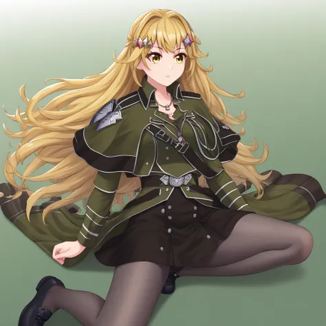 1girl, yellow eyes, blonde hair, long hair, star hair ornament, necklace, military uniform, uniform, capelet, skirt, black skirt, pantyhose, black footwear,