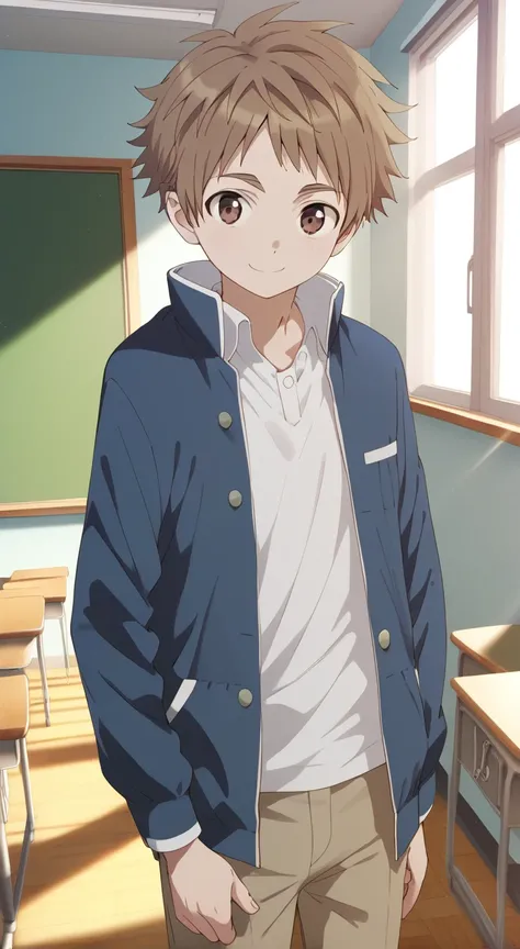 1boy,solo,male focus,omura_kaede,brown hair,brown eyes,gakuran,pants,classroom,smile