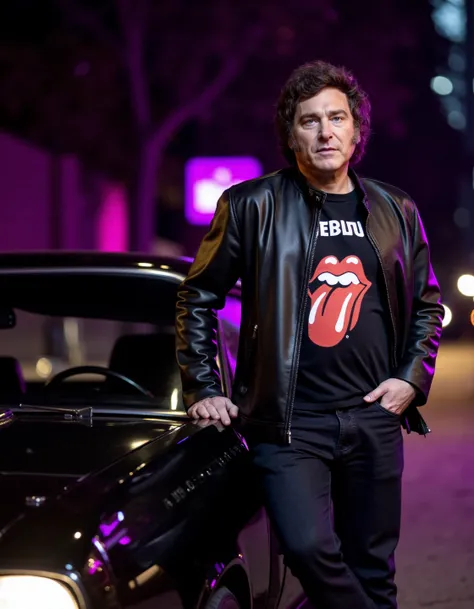 <lora:javier_milei_flux_v1:1>, photo of jm1l31 man,wearing a rolling stones shirt and a black leather jacket and black jeans,leaning on a black sedan muscle car, at night, in a street of buenos aires, colorful lightinings ,looking at viewer, realistic,shar...