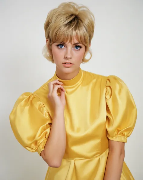 photo of 20yo gjhawn woman with a blonde pixie cut and bangs, messy hair, blue eyes, she is wearing yellow satin dress with puffy sleeves, make-up, cute freckles<lora:gjhawn.sdxl.16:0.85>, retro 60s fashion, 60s color palette, 1960s style