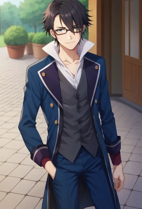 score_9, score_8_up, score_7_up, source_anime, highly detailed, 

saruhiko, 1boy, male focus, solo, black hair, hair over one eye, blue eyes, glasses, shirt, white shirt, high collar, vest, jacket, blue jacket, coat, pants, blue pants, looking at viewer, s...