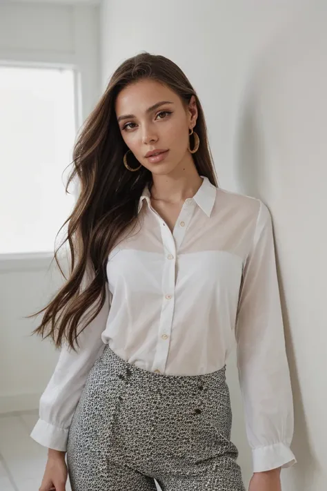 Fashion editorial style White button-up shirt, black trousers, and loafers, accessorized with a watch and minimalist rings. a breathtaking glamour photo:1.3 of 1girl, solo, brown eyes, brown hair, long hair, looking at viewer, parted lips, lips, head tilt,...