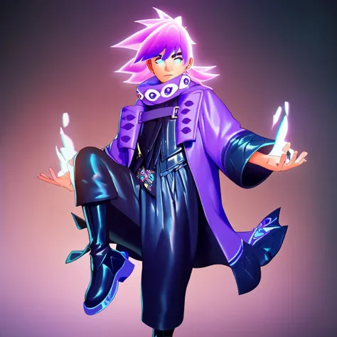 (masterpiece), score_9, score_8_up, score_7_up, score_6_up, score_5_up, score_4_up, 1boy, solo, Nezumi, purple hair, glowing hair, blue eyes, glowing eyes, coat, second style, boots, pants, looking at viewer