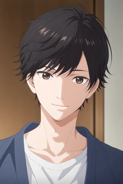 score_9, score_8_up, score_7_up, source_anime, high quality, absurdres, ((portrait, perfect anatomy)), 1boy, solo, male focus, slim, tsuchiya_mao, black hair, brown eyes, tsurime, pale skin, black eyeliner, seductive smile, leaning back