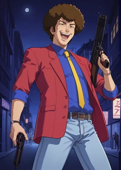 score_8_up, score_7_up, source_manga, rating_questionable, NaB35h1n, nabeshin, male, brown hair, afro hair, red jacket, blue collar shirt, yellow tie, jeans, upper body, street background, night time, holding gun, laughing expression <lora:Nabeshin_Excel_S...