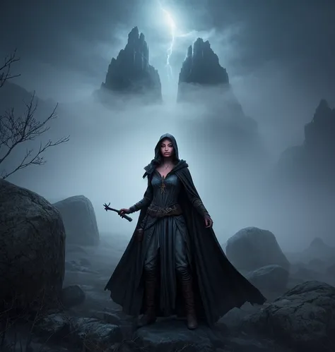 In a mystical realm of eerie beauty, a mysterious witch stands at the forefront of an epic scenery, her long, dark cloak billowing behind her as she weaves a spell of crystalline transformation, her magical abilities causing the surrounding environment to ...