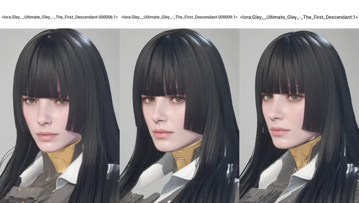 solo, 1girl, black hair, bangs, long hair, looking at viewer, blunt bangs, lips, simple background, portrait, grey background, closed mouth, realistic, brown eyes
<lora:Gley__Ultimate_Gley_-_The_First_Descendant-000006:1>